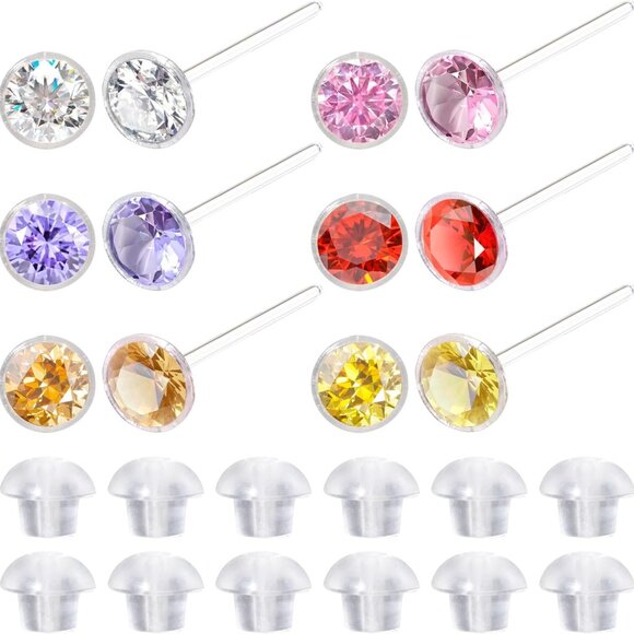 Colorful Plastic Cubic Zirconia Flower Stud Earrings, Hypoallergenic, 4mm diamet - Picture 1 of 7